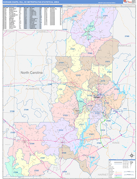 Durham-Chapel Hill Metro Area Wall Map